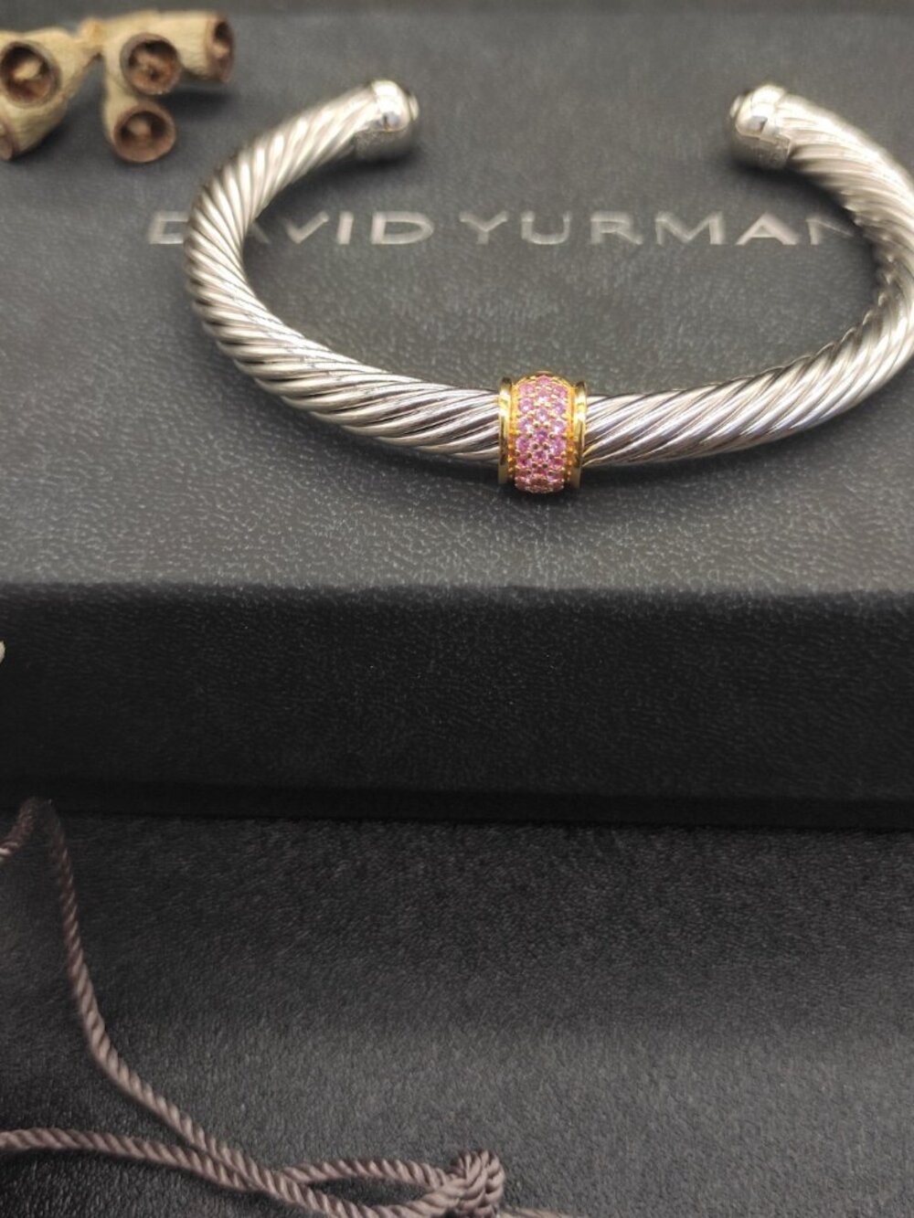 David Yurman Silver & Gold Pavé Pink Sapphire Cable Cuff Bracelet